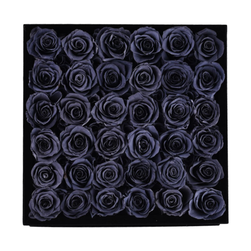 36 Grey Roses - Black Square Velvet Box - Rose Forever