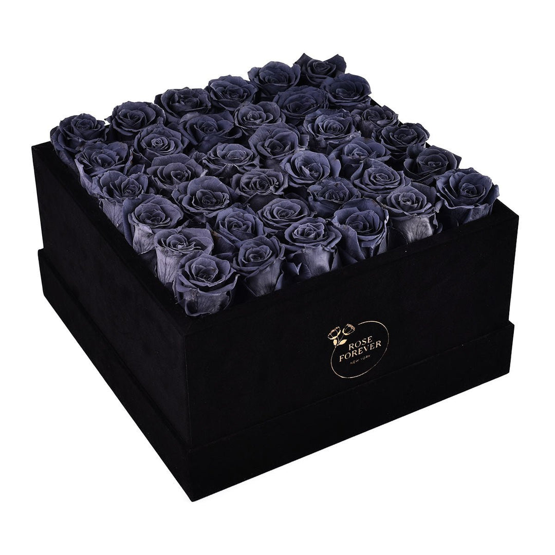 36 Grey Roses - Black Square Velvet Box - Rose Forever