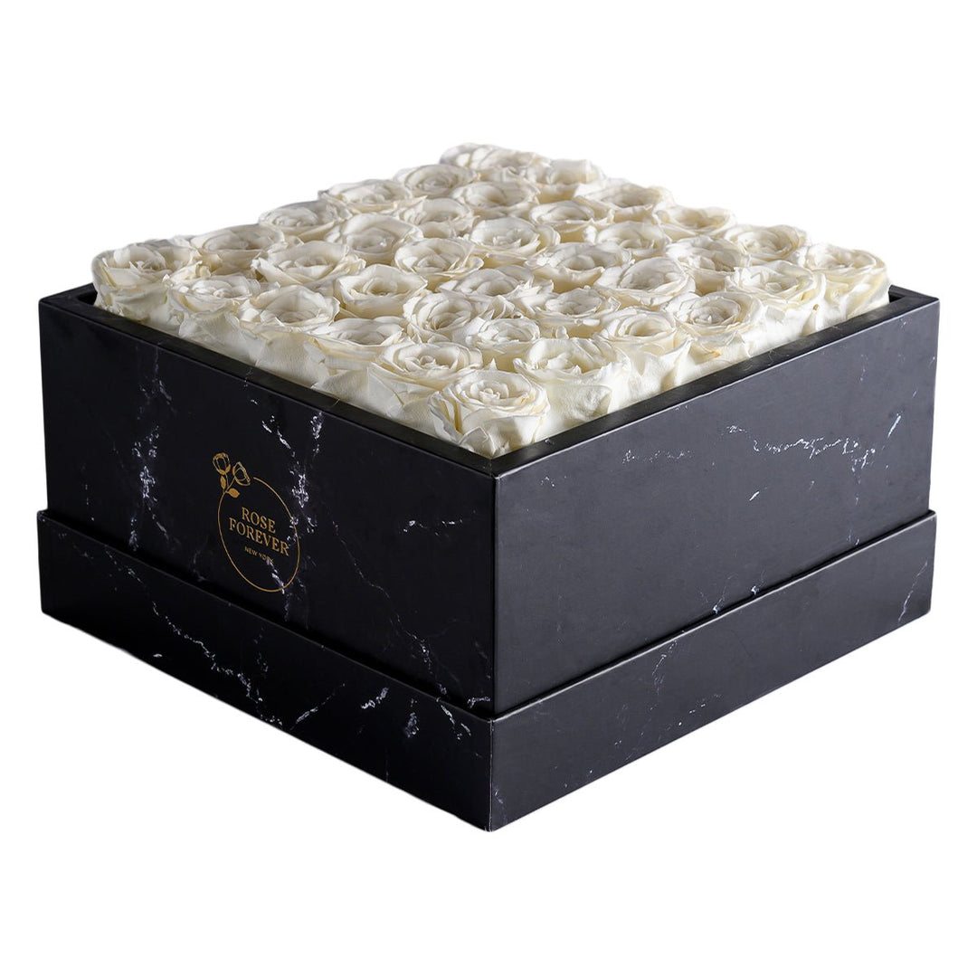 36 Ivory Roses - Black Square Marble Box - Rose Forever