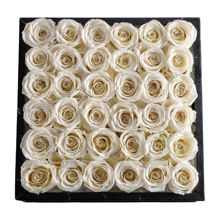 36 Ivory Roses - Black Square Marble Box - Rose Forever