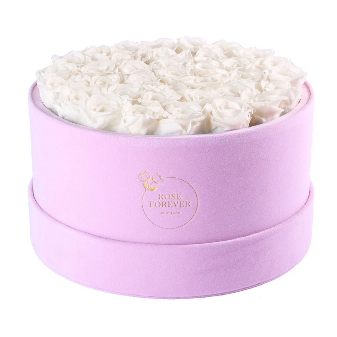 36 Ivory Roses - Pink Round Suede Box - Rose Forever