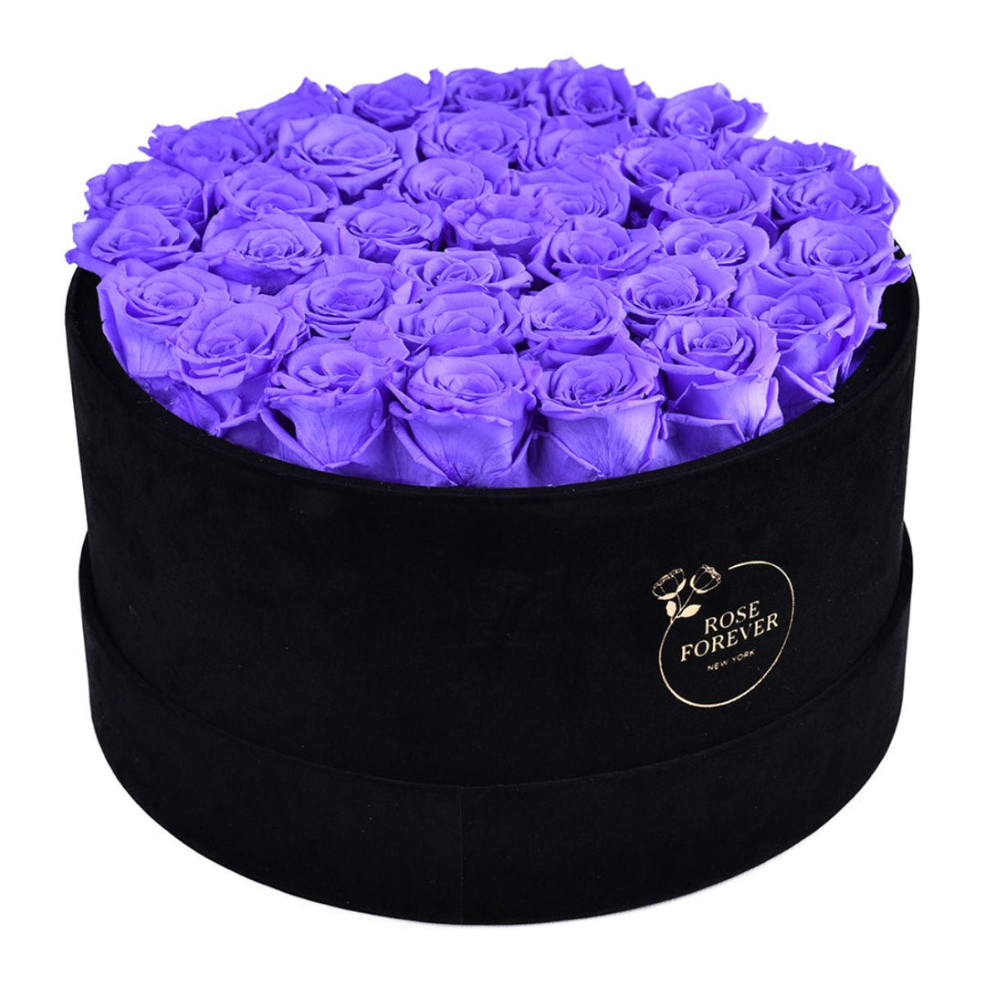 36 Lavender Roses - Black Round Velvet Box - Rose Forever