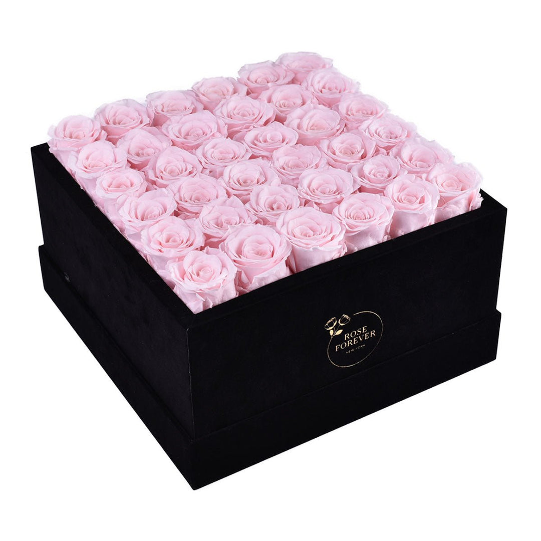 36 Light Pink Roses - Black Square Velvet Box - Rose Forever