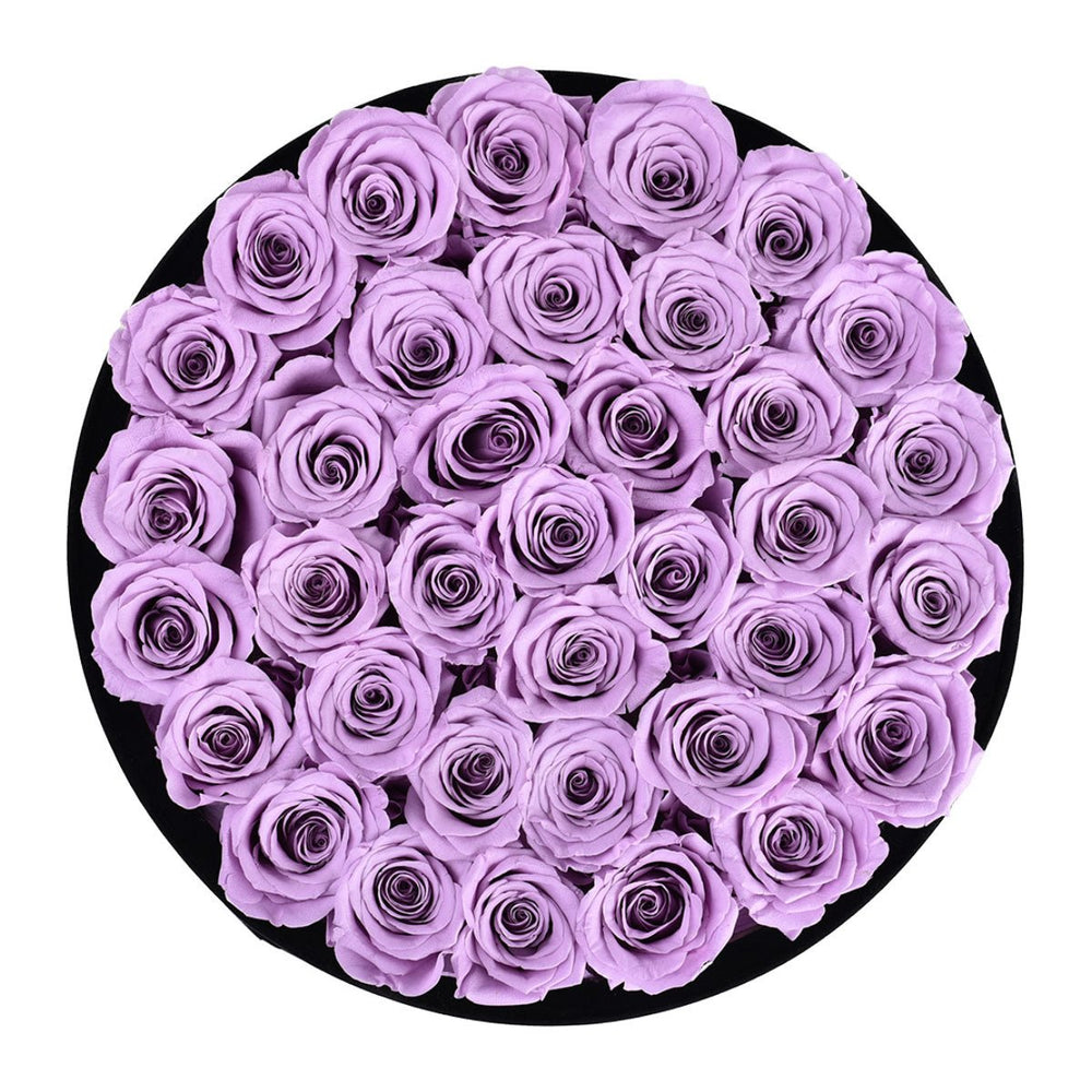 36 Lilac Roses - Black Round Velvet Box - Rose Forever