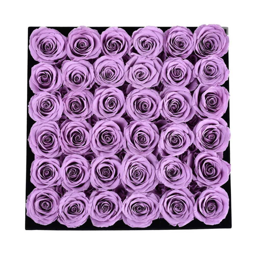 36 Lilac Roses - Black Square Velvet Box - Rose Forever