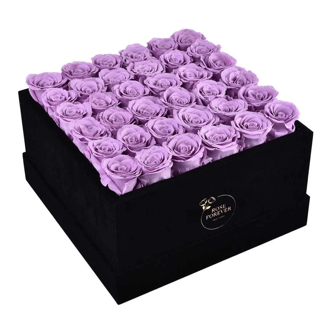 36 Lilac Roses - Black Square Velvet Box - Rose Forever