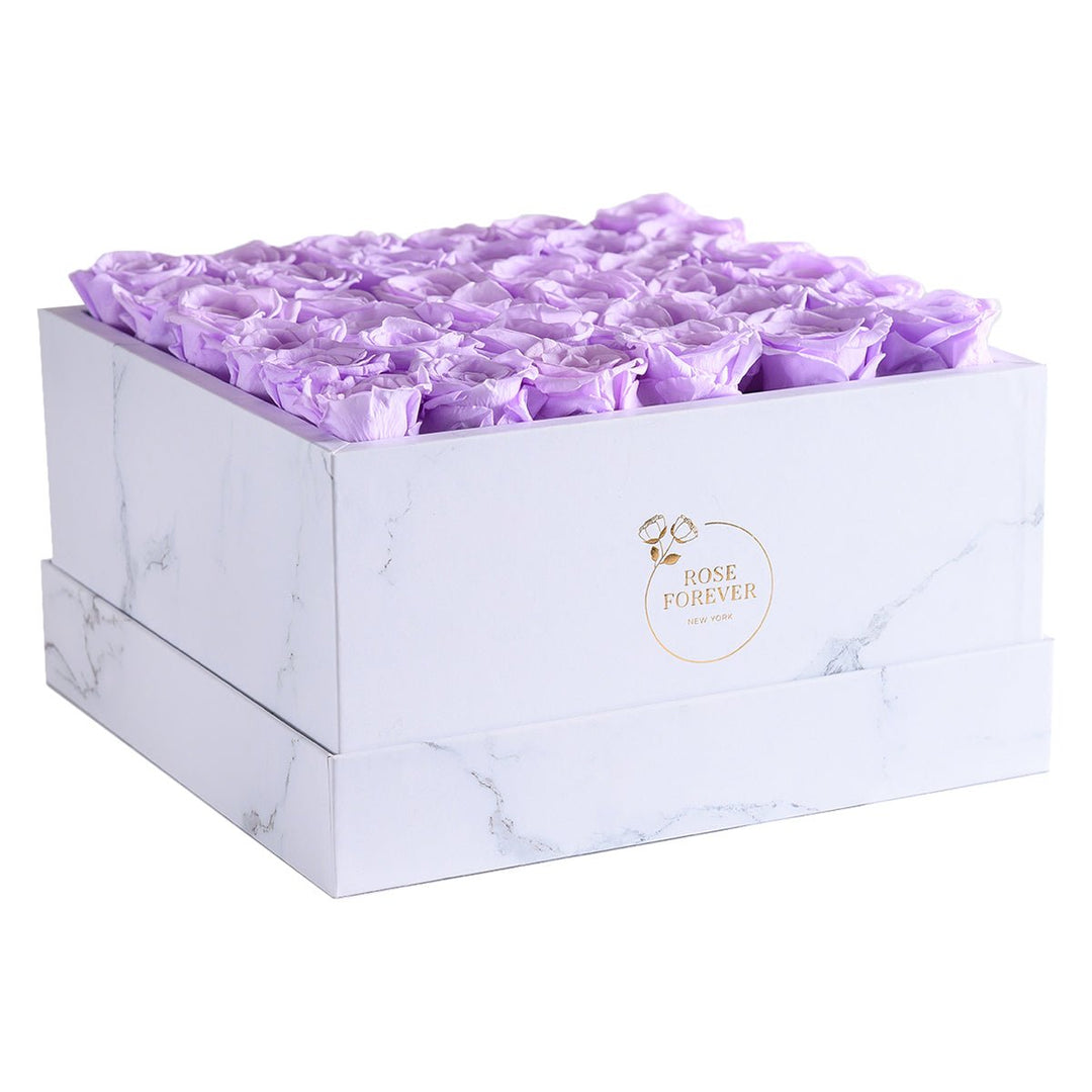 36 Lilac Roses - White Marble Square Box - Rose Forever