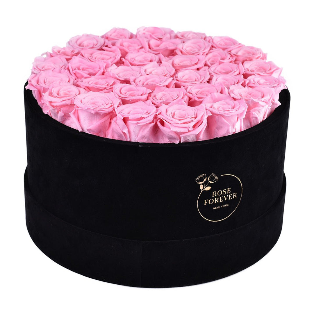 36 Pearl Pink Roses - Black Round Velvet Box - Rose Forever