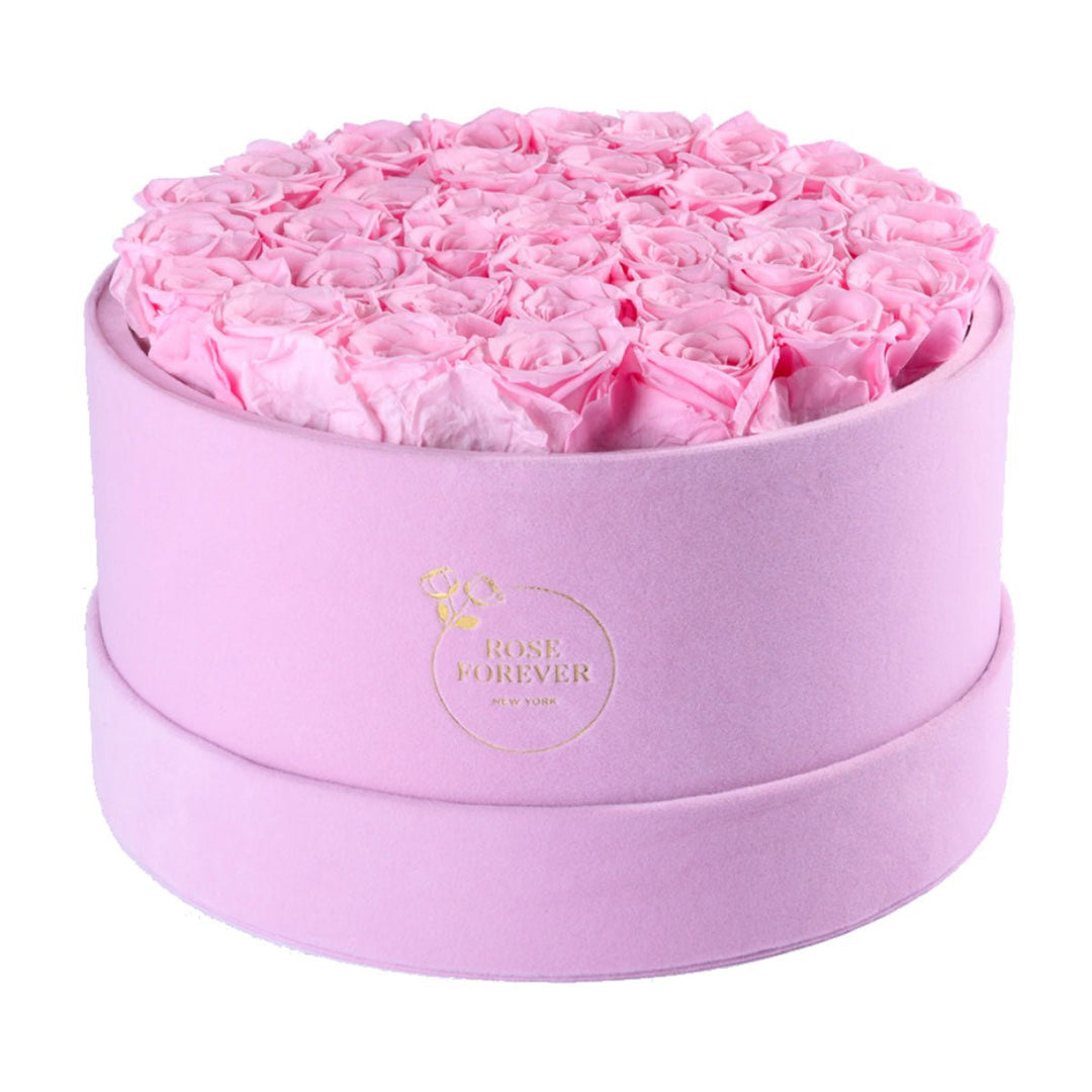 36 Pink Roses - Pink Round Suede Box - Rose Forever