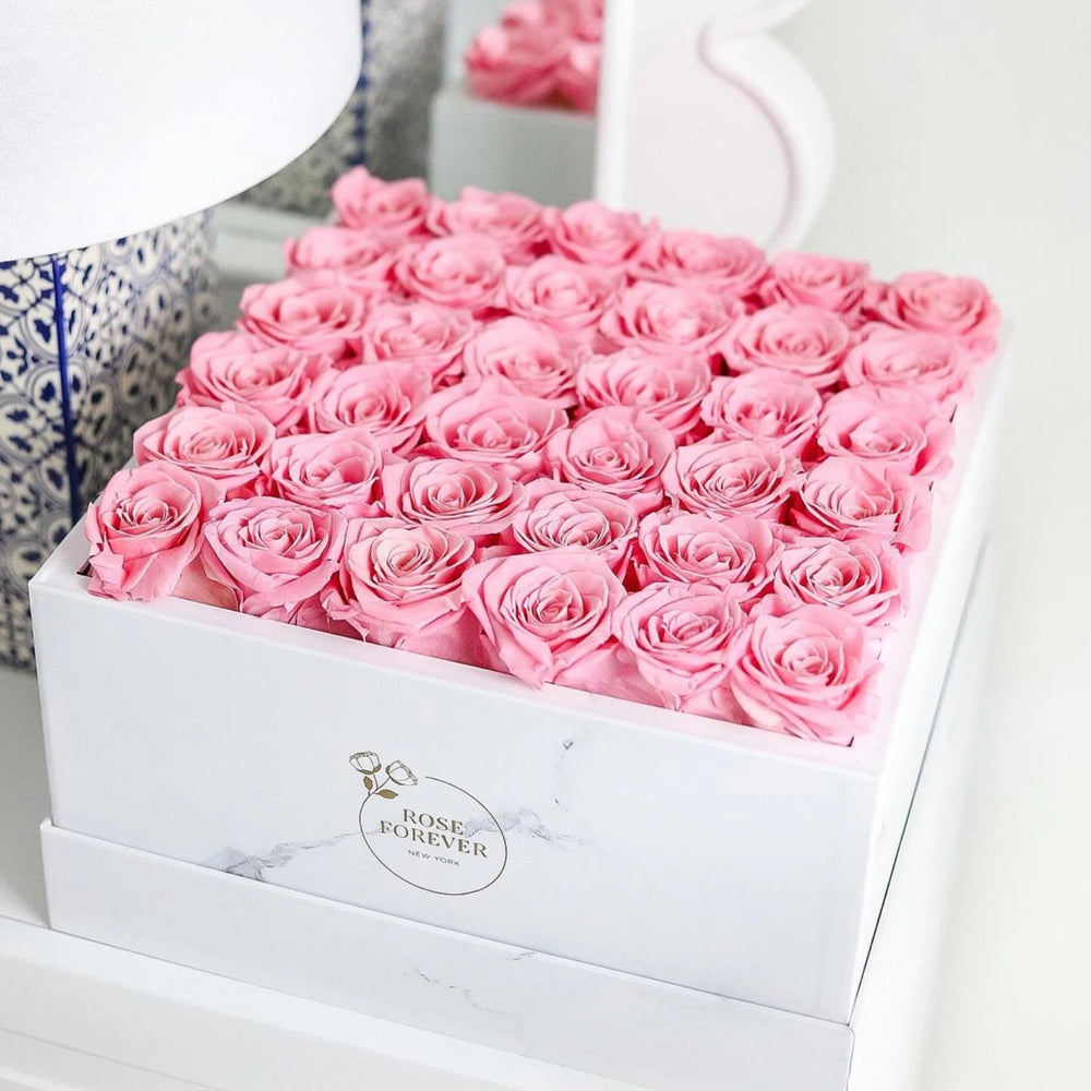 36 Pink Roses - White Marble Square Box - Rose Forever