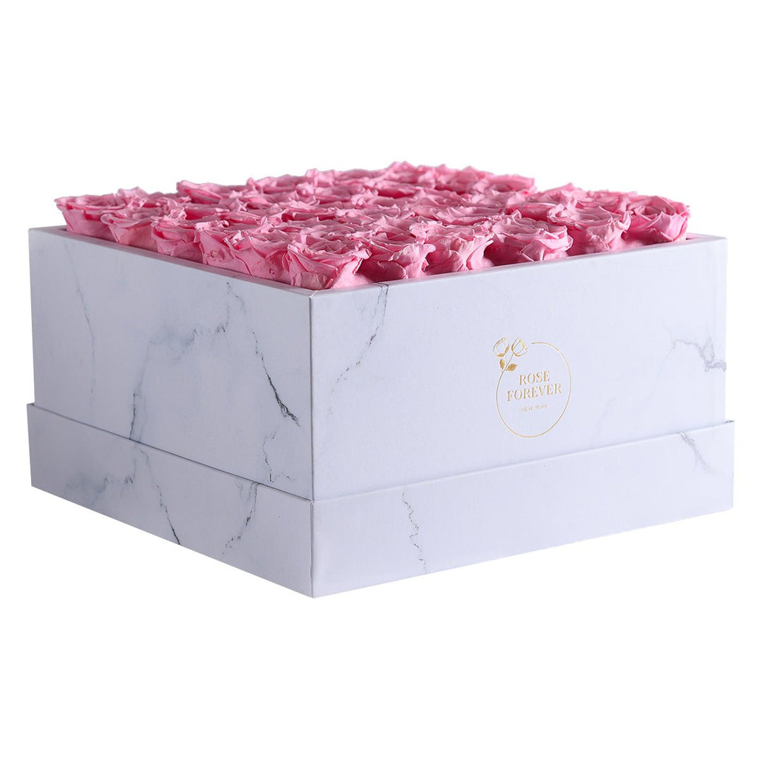 36 Pink Roses - White Marble Square Box - Rose Forever