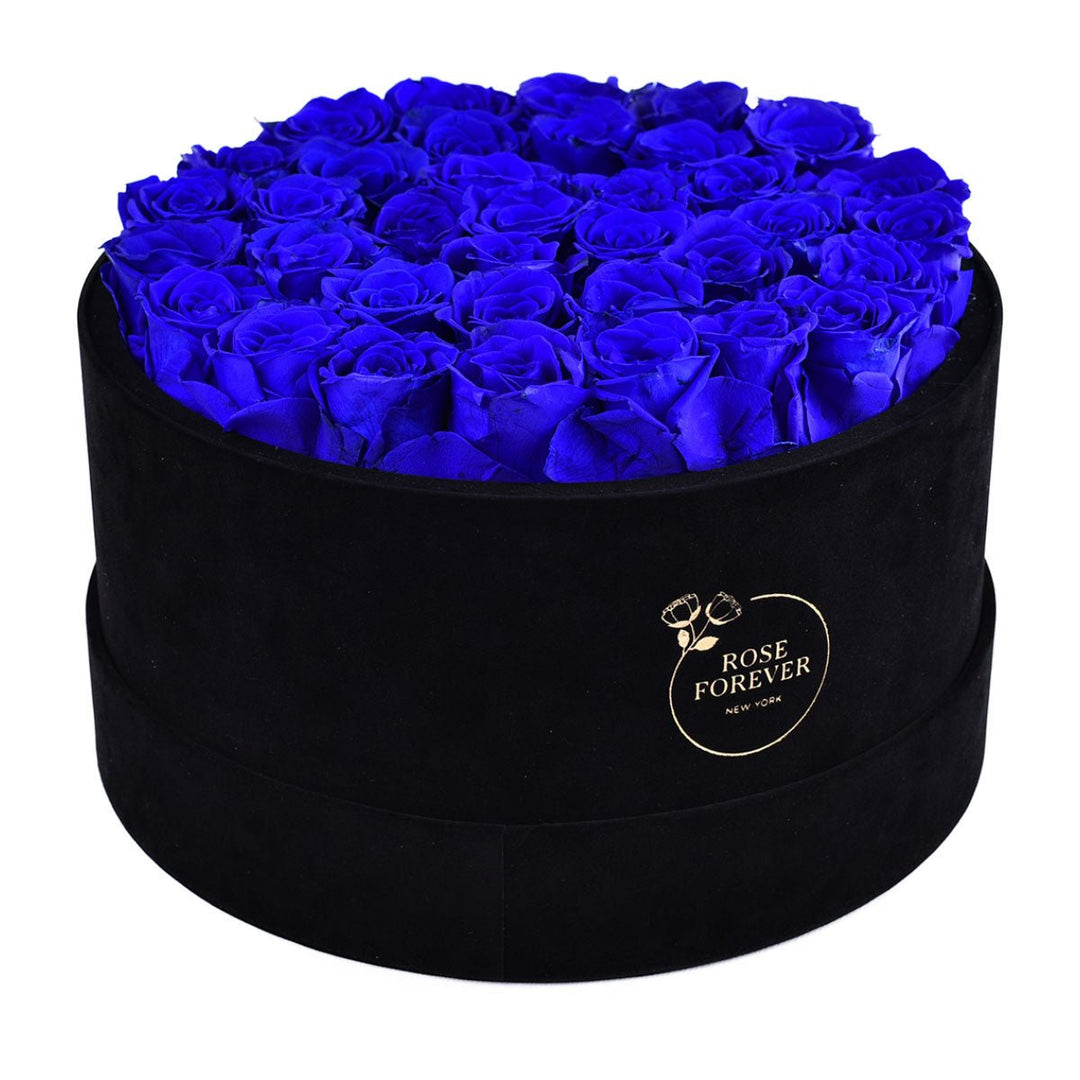 36 Royal Blue Roses - Black Round Velvet Box - Rose Forever
