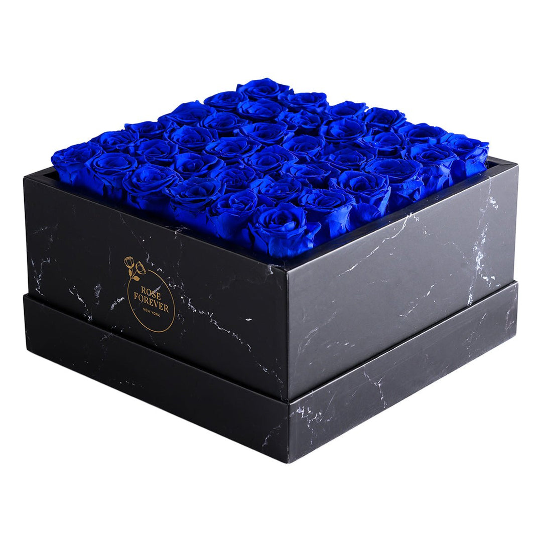 36 Royal Blue Roses - Black Square Marble Box - Rose Forever