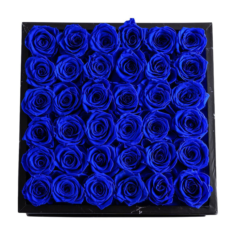 36 Royal Blue Roses - Black Square Marble Box - Rose Forever