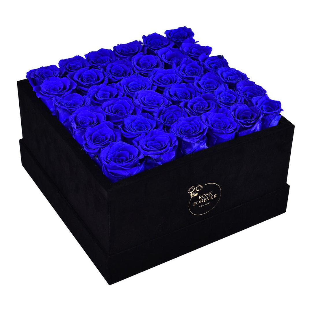 36 Royal Blue Roses - Black Square Velvet Box - Rose Forever
