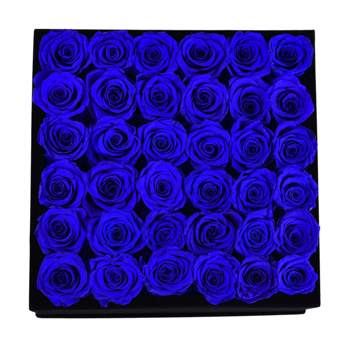 36 Royal Blue Roses - Black Square Velvet Box - Rose Forever