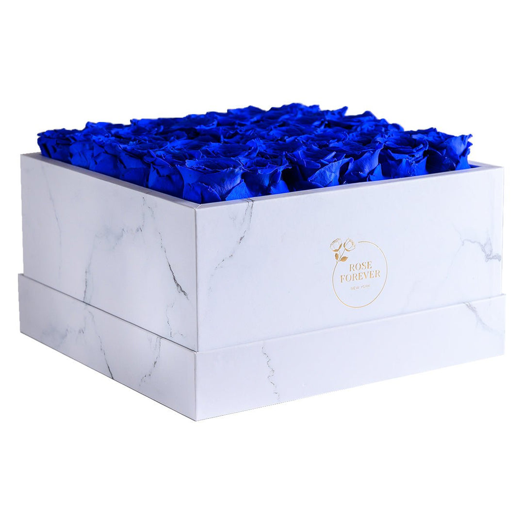 36 Royal Blue Roses - White Marble Square Box - Rose Forever