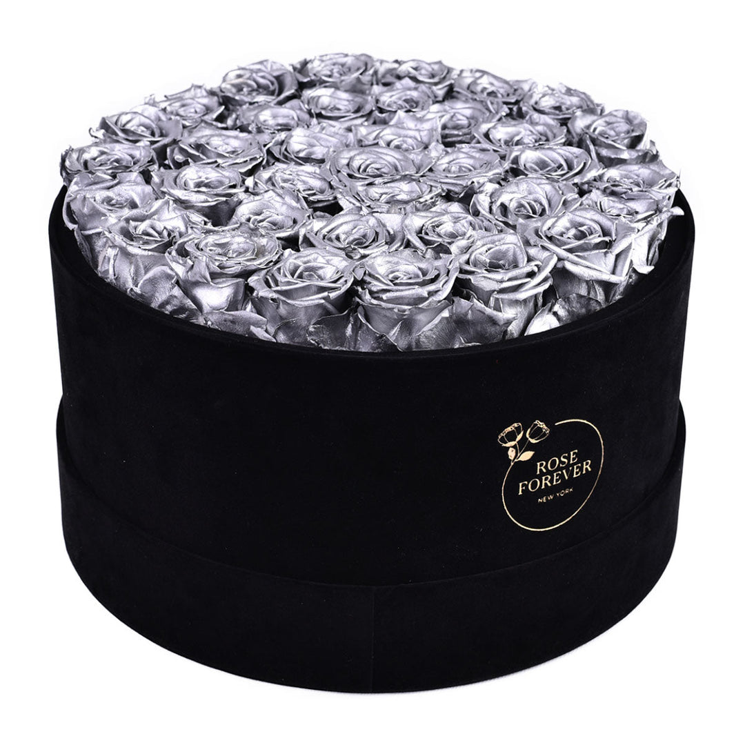 36 Silver Roses - Round Velvet Box - Rose Forever