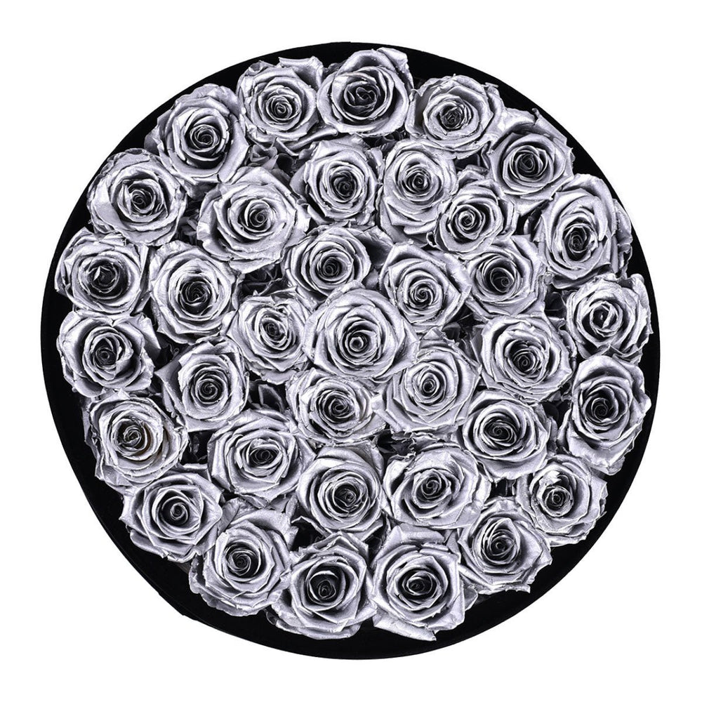 36 Silver Roses - Round Velvet Box - Rose Forever