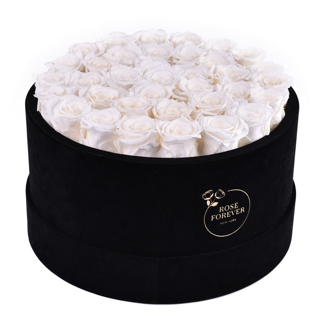 36 White Roses - Black Round Velvet Box - Rose Forever