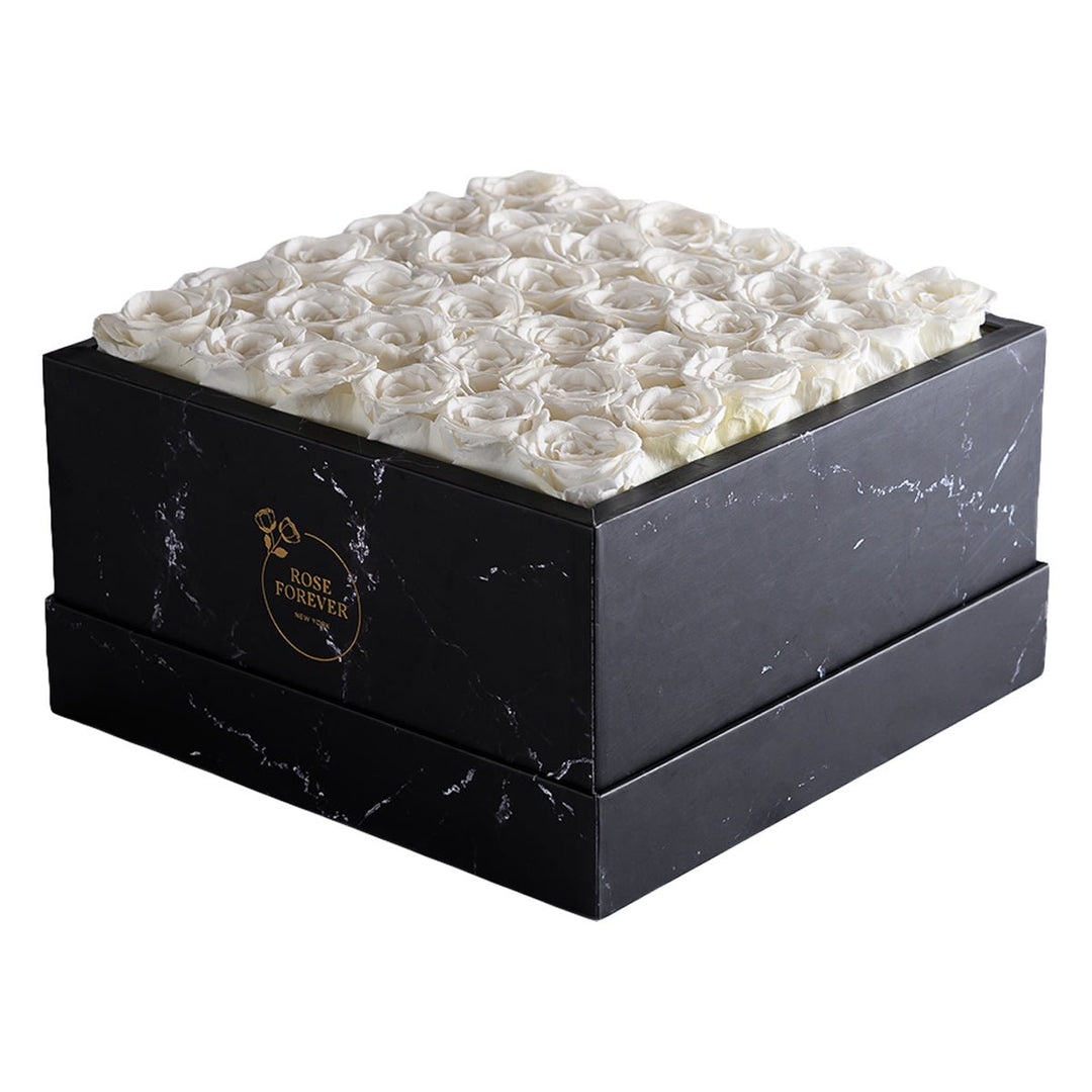36 White Roses - Black Square Marble Box - Rose Forever