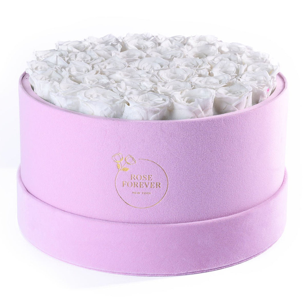 36 White Roses - Pink Round Suede Box - Rose Forever