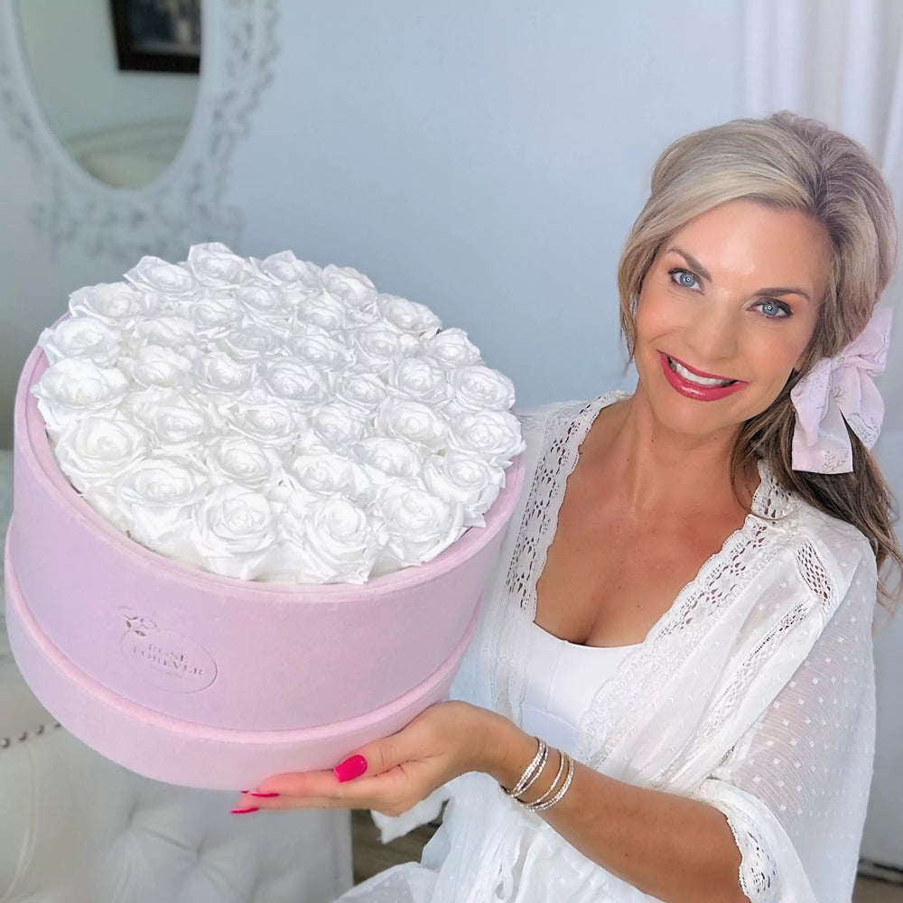 36 White Roses - Pink Round Suede Box - Rose Forever