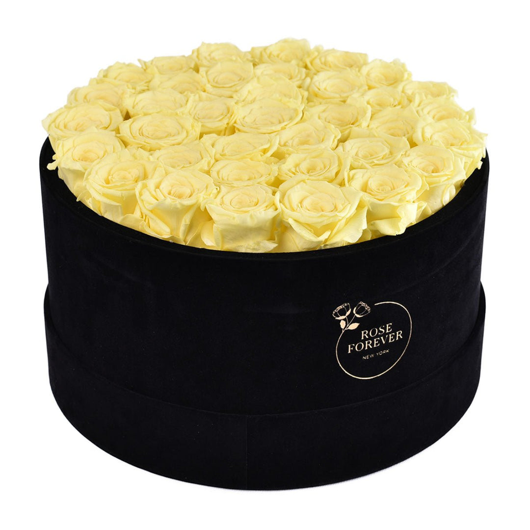 36 Yellow Roses - Black Round Velvet Box - Rose Forever