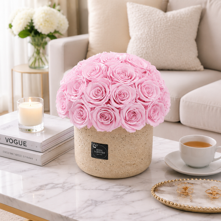 28 Pink Roses - Dome Arrangement in a Stone Hat Box