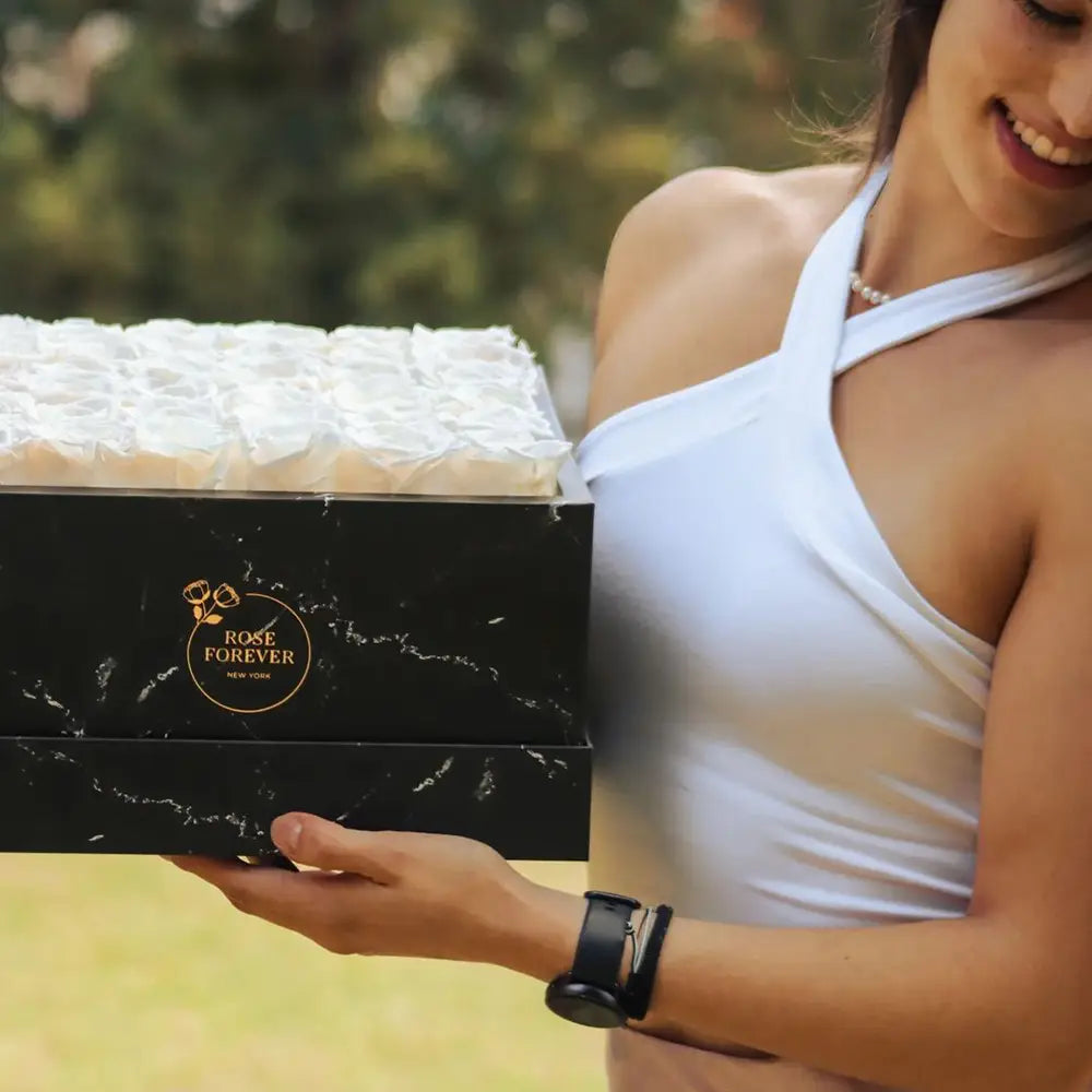 36 White Roses - Black Square Marble Box