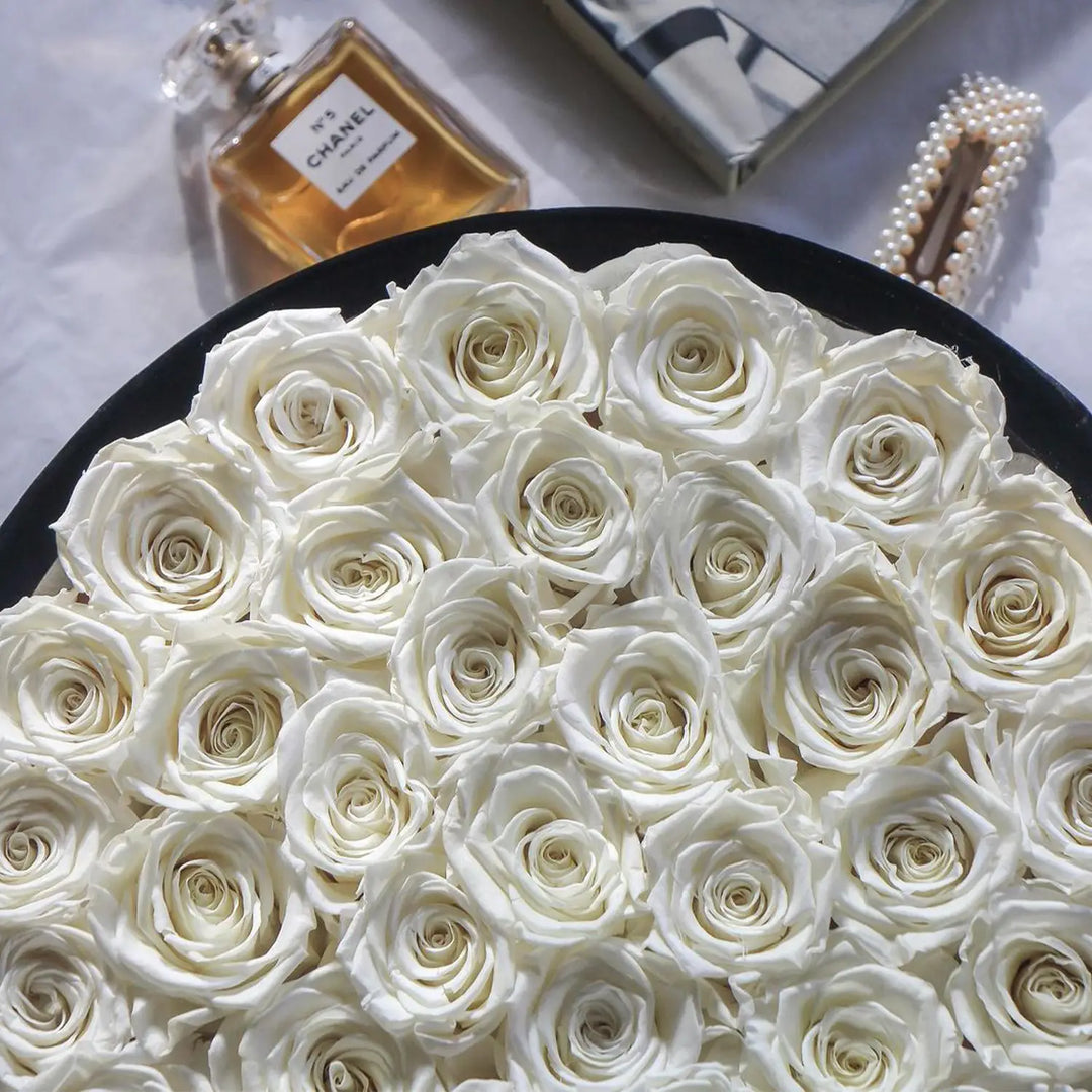 36 Ivory Roses - Black Round Velvet Box