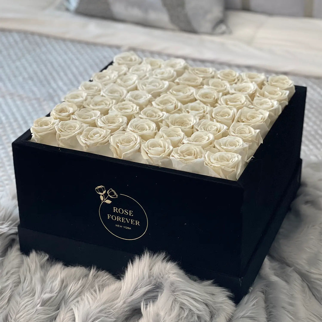 36 Ivory Roses - Black Square Velvet Box