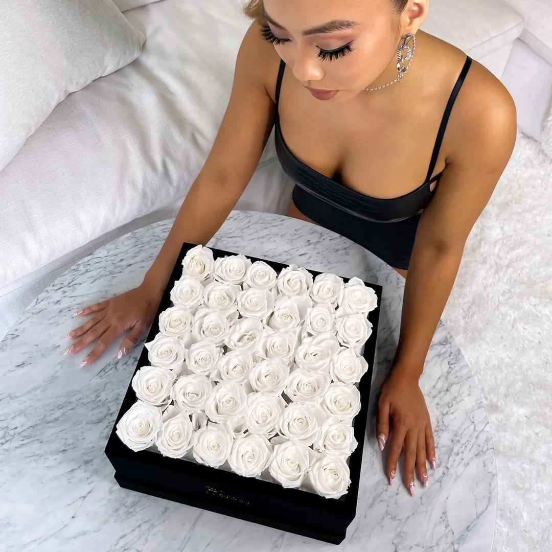 36 White Roses - Black Square Velvet Box