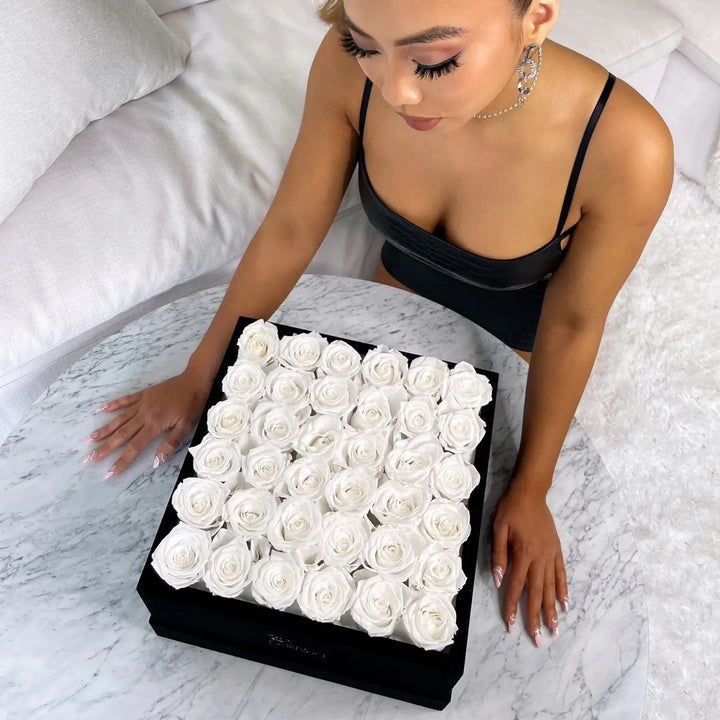 36 White Roses - Black Square Velvet Box