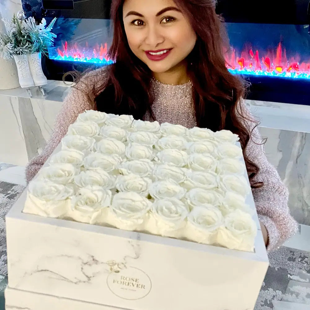 36 White Roses - White Marble Square Box