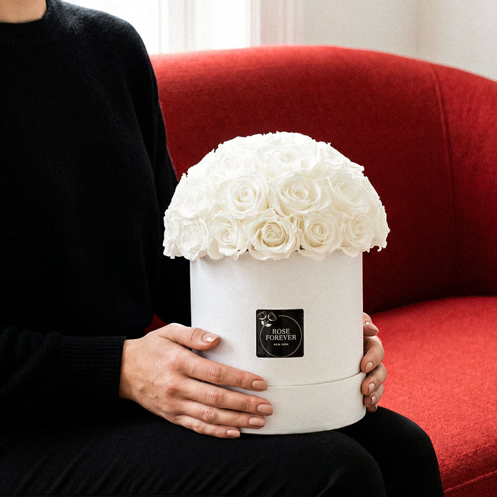 40 White Roses - Dome Arrangement in White Hat Box