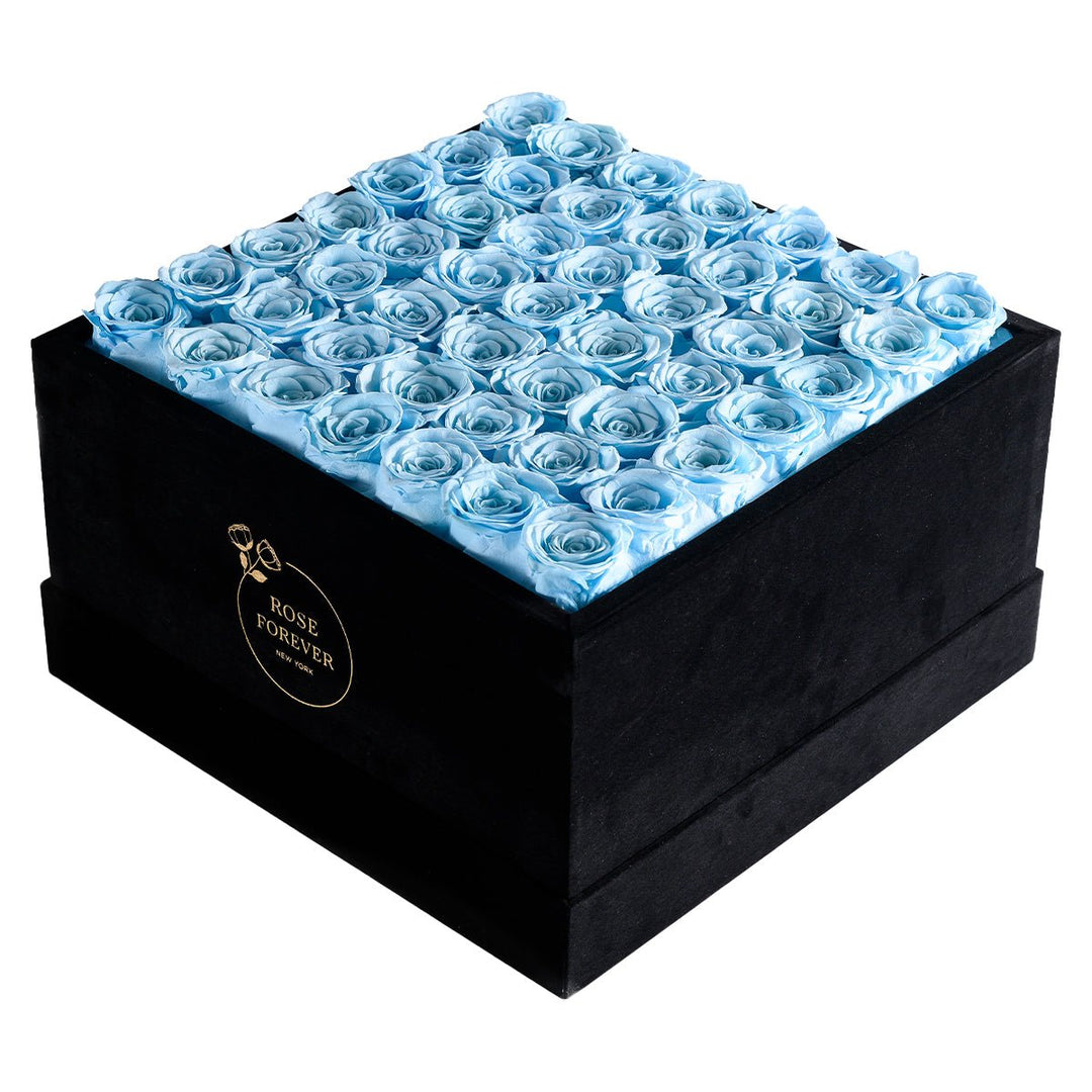 49 Blue Roses - Black Square Velvet Box - Rose Forever