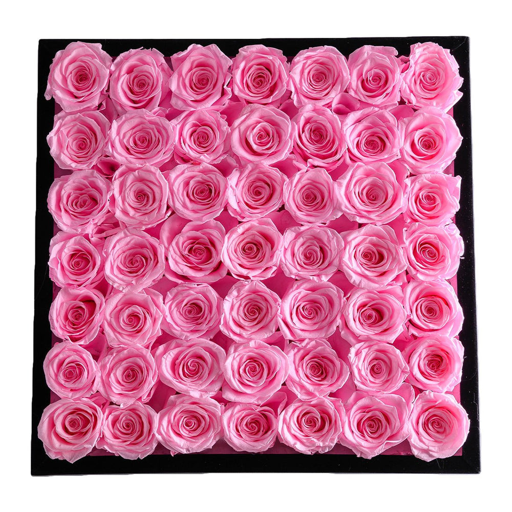 49 Fuchsia Roses - Black Square Velvet Box - Rose Forever