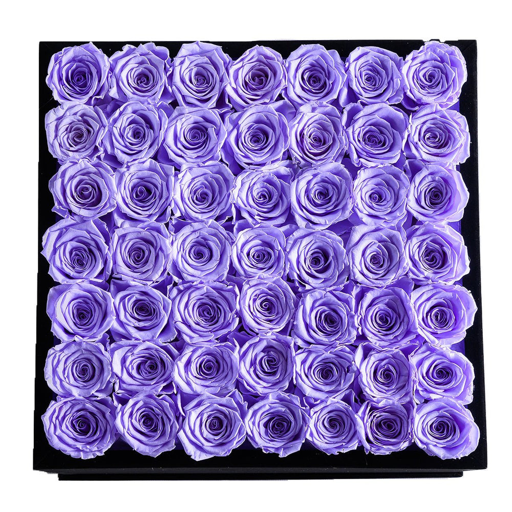 49 Lavender Roses - Black Square Velvet Box - Rose Forever