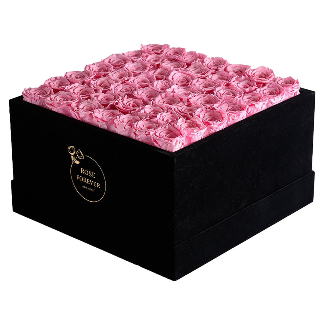49 Pink Roses - Black Square Velvet Box - Rose Forever