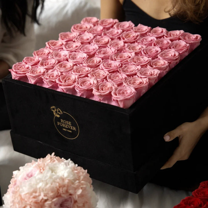 49 Pink Roses - Black Square Velvet Box - Rose Forever