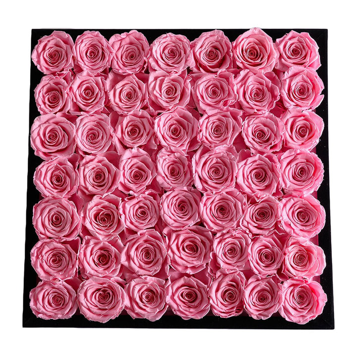 49 Pink Roses - Black Square Velvet Box - Rose Forever