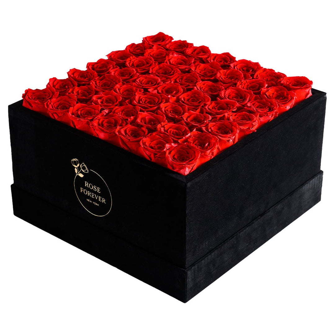 49 Red Roses - Black Square Velvet Box - Rose Forever
