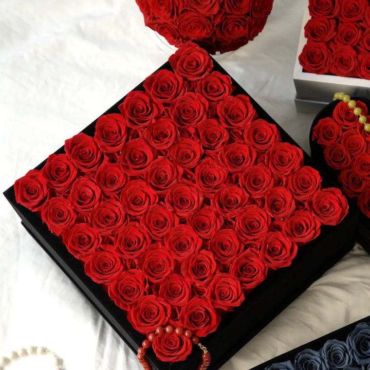 49 Red Roses - Black Square Velvet Box - Rose Forever