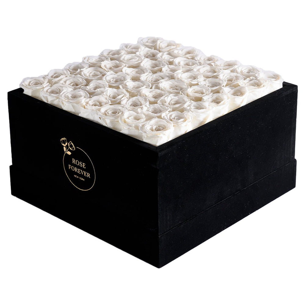 49 White Roses - Black Velvet Square Box - Rose Forever
