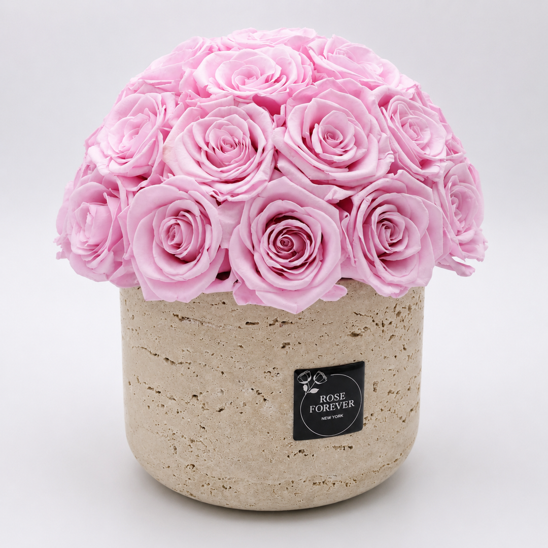 28 Pink Roses - Dome Arrangement in a Stone Hat Box