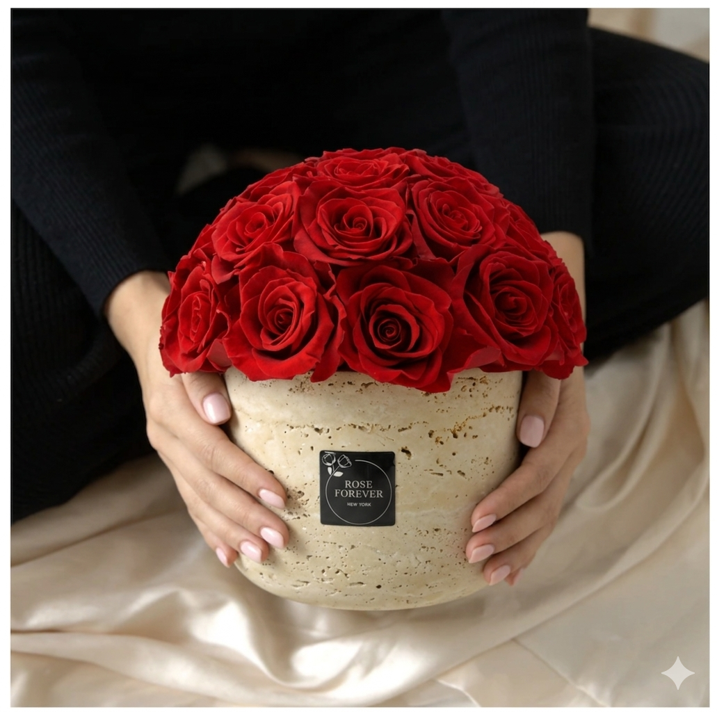 28 Red Roses - Dome Arrangement in a Stone Hat Box