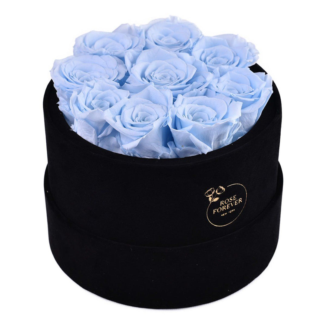 9 Baby Blue Roses - Black Round Velvet Box - Rose Forever