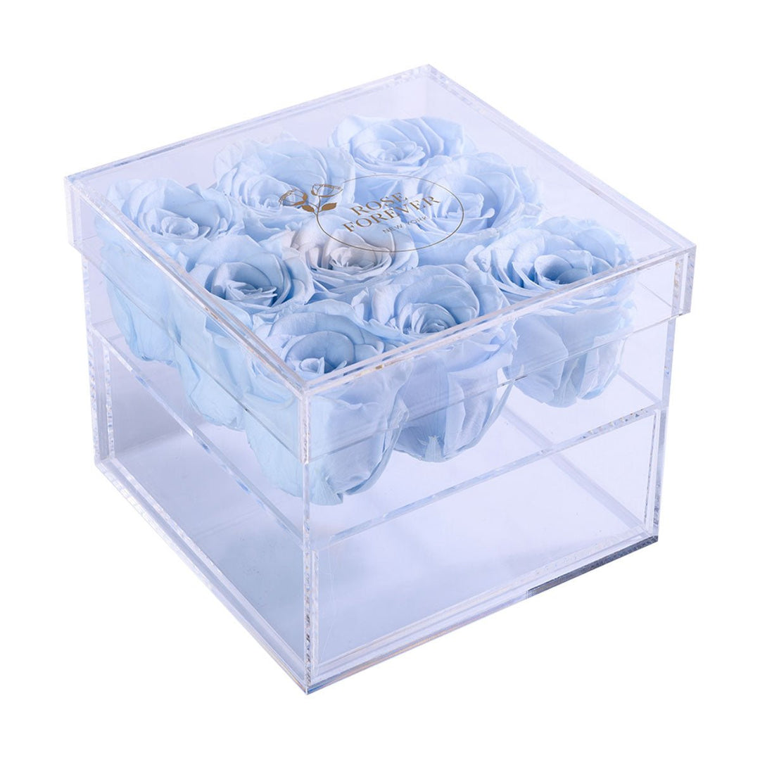 9 Baby Blue Roses - Square Crystal Box - Rose Forever