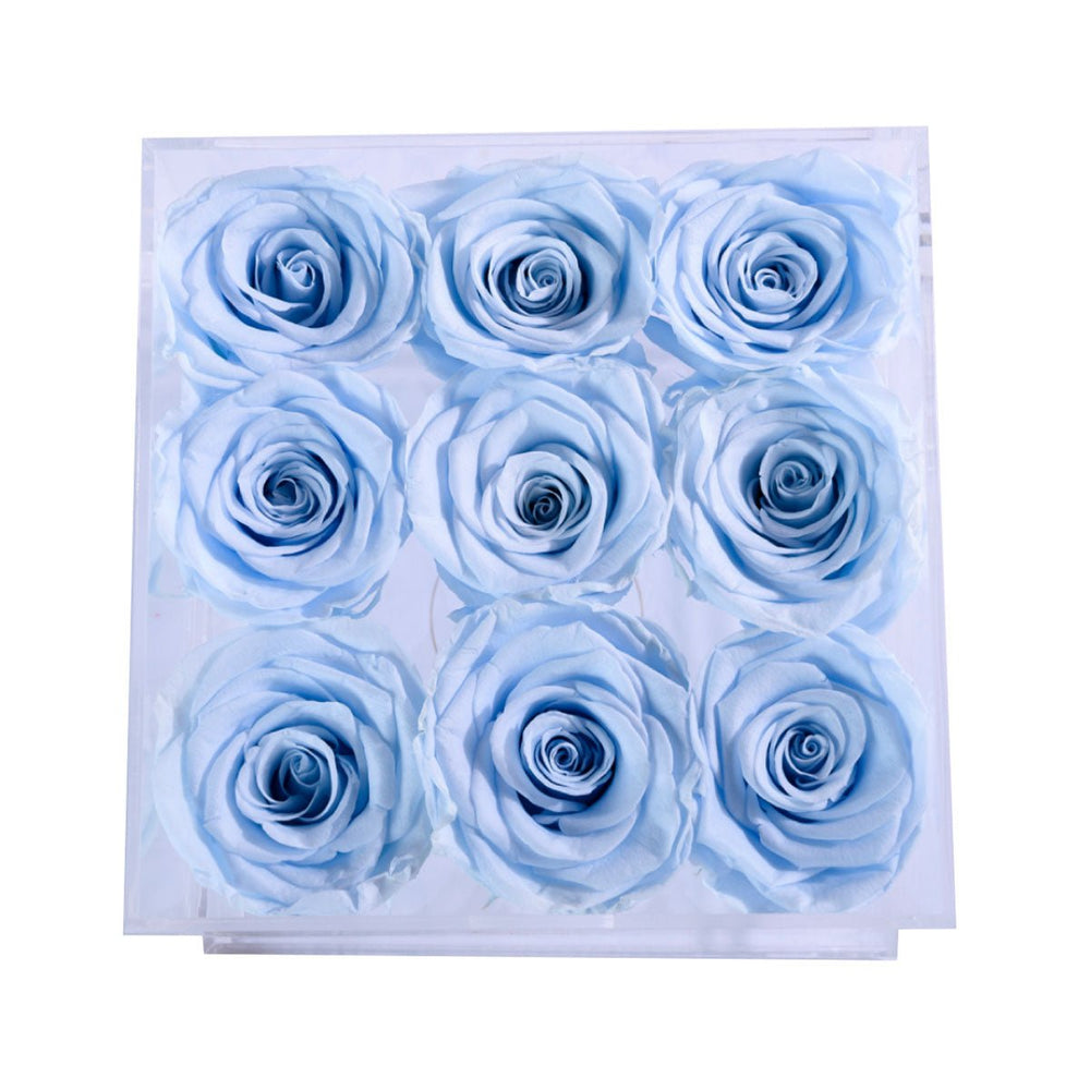 9 Baby Blue Roses - Square Crystal Box - Rose Forever